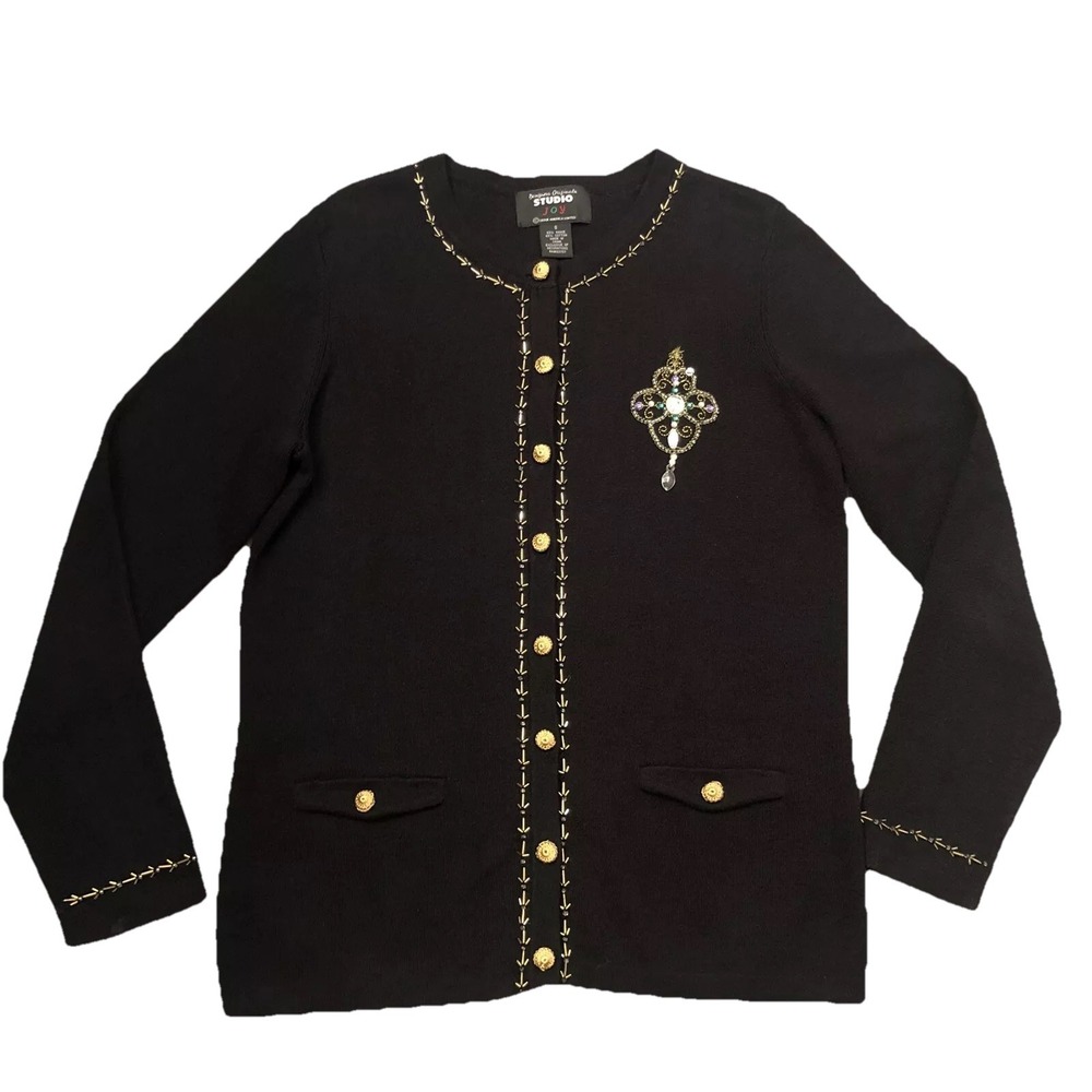 VTG 80's Studio Joy Women's Black Cardigan Beaded Jewel Trim Gold Buttons Size S